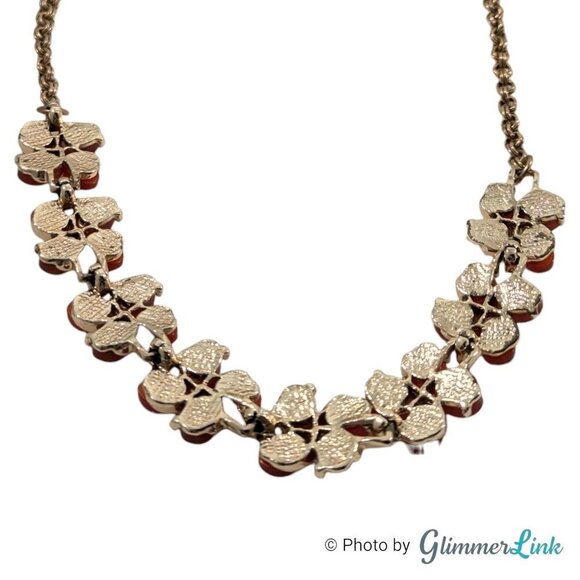 Vintage Red Orange Lucite Thermoset Floral Gold Tone Necklace - Picture 6 of 7